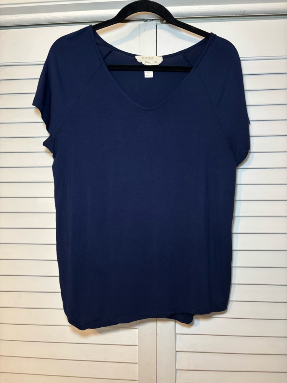 Kerisma Women's V-Neck Top Small Medium Navy Relaxed Soft Knit Viscose/Silk